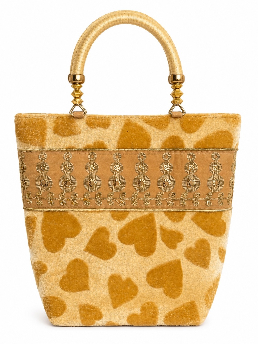 handmade golden velvet bag featuring heart patterns